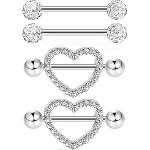 Stylish 2 Pair Nipple Rings with Rhinestone Heart & Ball - Durable & Chic